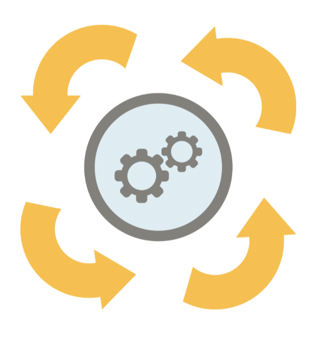 Circular mechanism with interlocking gears and directional arrows, symbolizing Continuous Improvement.